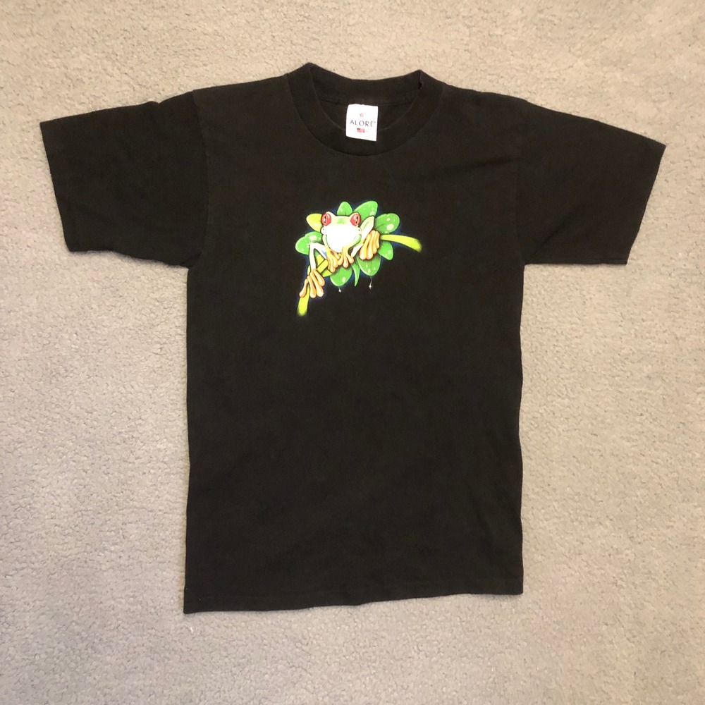 Vtg Alore Tree Frog Graphic T-Shirt Small‎ Black Made in USA 100% Cotton Tee